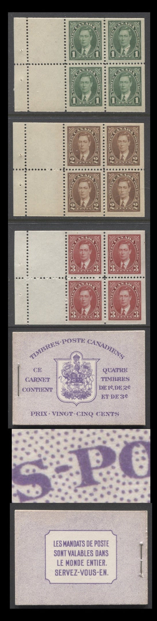 Lot 24 Canada #BK31g 1937-1942 Mufti Issue, Complete 25¢ French Booklet, One Pane of 4 + 2 Labels of each of 1c, 2c and 3c, 6¢ Airmail Rate on Rate Page, Purple Type IIpB Covers, Fine