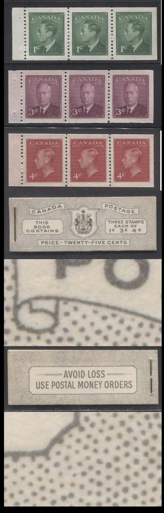 Lot 29 Canada #BK43b 1949-1953 Postes-Postage Issue Complete 25c English, Booklet Containing 1 Pane of 3 of Each of the 1c Green, 3c Rose Purple and 4c Carmine King George VI, Harris Front Cover Type IVc, Back Cover Haii