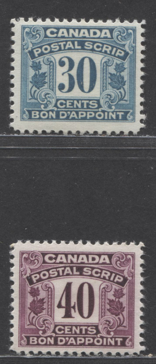 Lot 33 Canada #FPS15 - FPS16 30c - 40c Blue - Purple, 1932 - 1948 First Postal Scrip Issue, 2 F/VF OG Singles