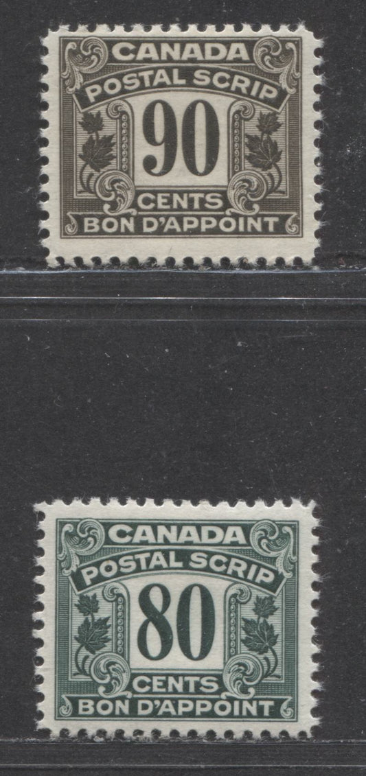 Lot 36 Canada #FPS21 - FPS22 80c-90c Green-Brown, 1932 - 1948 First Postal Scrip Issue, 2 F-VF NH Singles
