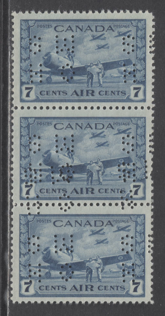 Lot 37 Canada #O10 - C8 7c Deep Blue Air Training Plan, 1942 - 1943 Airmail Issue, A FNH Vertical Strip Of 3 With Die 2 OHMS Perfin From Position C, Showing Double Perfin On Center Stamp, Horiz Ribbed, Yellowish Cream Gum