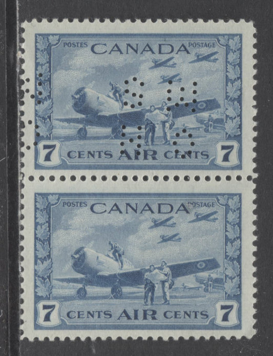 Lot 38 Canada #O9-C8 7c Deep Blue Air Training Plan, 1942 - 1943 Airmail Issue, A FNH Vertical Pair With Die 1 Perfin, Position C, One Without Perfin. Horizontal Ribbed Paper, Yellowish Cream Gum With Satin Sheen