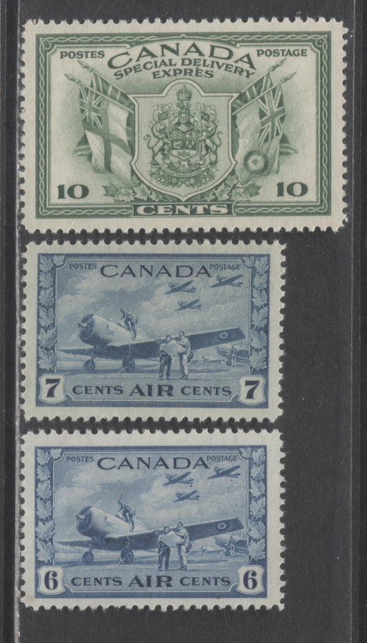 Lot 39 Canada #C7-C8, E10 6c,7c, 10c Deep Blue, Green, 1942 - 1943 Airmail Issue, War Issue, 3 F-VF NH Singles On Vertical Wove Paper With Cream Gum