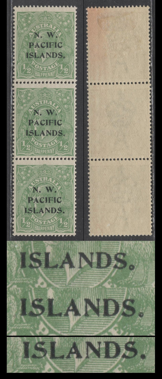 Lot 3 Northwest Pacific Islands SG#102 (SC#40var) 1/2d Green 1918-1923 Kangaroo And Map Overprint Issue, Type A.,B,C, A FOG Vertical Strip Of 3, Click on Listing to See ALL Pictures, Estimated Value $20 USD