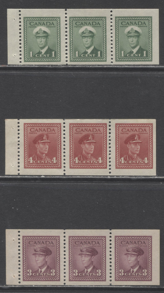 Lot 40 Canada #249c, 252c, 254b 1c, 3c, 4c Green, Rose Violet, Dark Carmine, 1942 - 1943 King George VI War Issue, 3 F-VF OG & NH Booklet Panes Of 3 On Horizontal Ribbed Papers (1c,4c) And Vertical Wove Paper (3c) With Cream Gum