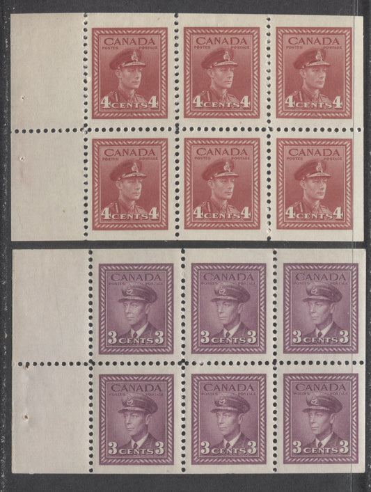Lot 41 Canada #252c,254ai 3c, 4c Rose Violet, Dark Carmine, 1942 - 1943 King George VI War Issue, 2 VFLH Booklet Panes Of 6 From Larger Gift Booklet On Horizontal Ribbed Paper With Yellowish Cream Gum