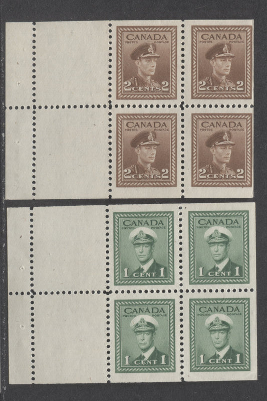 Lot 42 Canada #249a, 250a 1c, 2c Green, Brown, 1942 - 1943 King George VI War Issue, 2 F-VF NH Booklet Panes Of 4+2 Labels On Vertical Wove Paper With Cream Gum