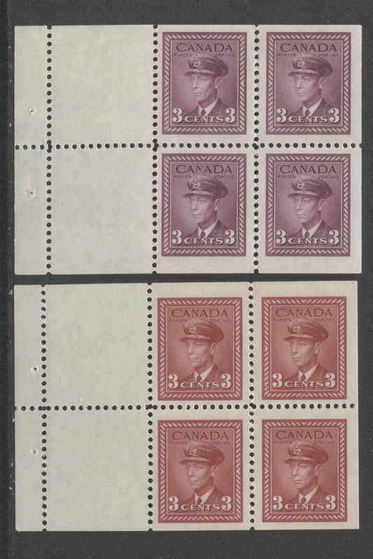 Lot 43 Canada #251a, 252a 3c Dark Carmine, Rose Violet, 1942 - 1943 King George VI War Issue, 2 VF NH/LH Booklet Panes Of 4+2 Labels On Different Paper and Gum Combinations