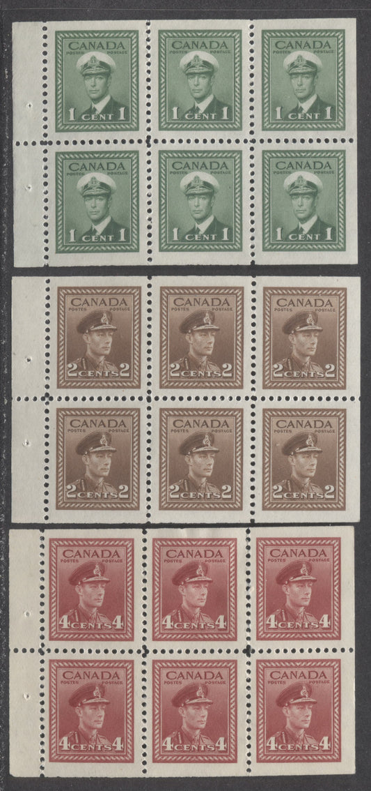 Lot 44 Canada #249b-250b, 254a 1c-2c, 4c Green-Brown, Dark Carmine, 1942 - 1943 King George VI War Issue, 3 VFOG Booklet Panes Of 6 On Vertical Wove Paper With Cream Gum