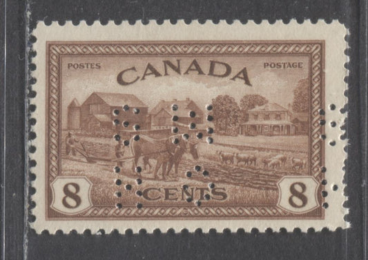 Lot 47A Canada #O10 - 268 8c Red Brown Eastern Farm, 1946 King George VI Peace Perforated Officials Issue, A FNH Single 4 Hole OHMS Die 2 Perfin Position C On Horizontal Ribbed Paper With Cream Gum