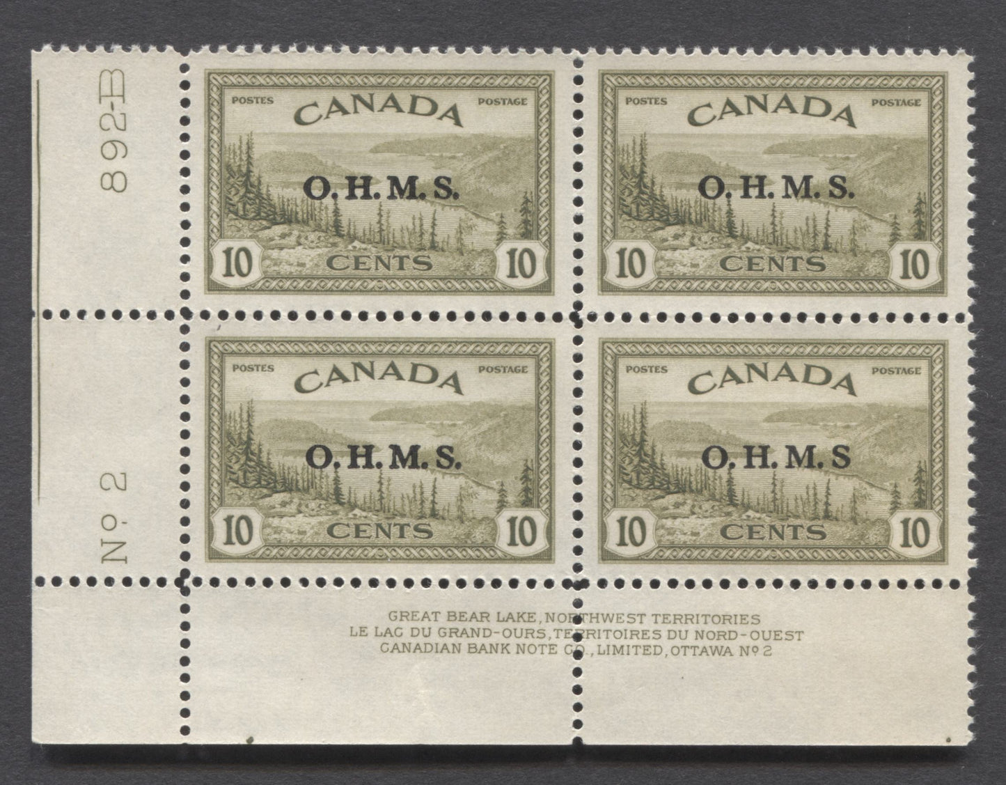 Lot 48 Canada #O6a 10c Olive Great Bear Lake, 1949 - 1950 King George VI Peace Overprinted Officials Issue, A VFNH LL Plate 2 Block Of 4 On Horizontal Ribbed Paper With Streaky Cream Gum, Missing Period After 'S' Variety In LR Stamp