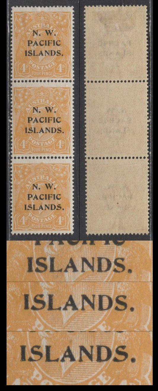 Lot 4 Northwest Pacific Islands SG#104 (SC#46var) 4d Yellow Orange 1918-1923 Kangaroo And Map Overprint Issue, Type A,B,C, A VFOG Vertical Strip Of 3, Click on Listing to See ALL Pictures, Estimated Value $60 USD