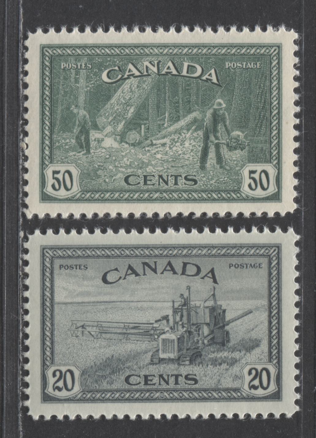 Lot 52 Canada #271-272 20c,50c Slate Black, Dark Blue Green Combine Harvesting, Logging, 1946 King George VI Peace Issue, 2 VFNH Singles On Horizontal Ribbed Paper With Cream Gum