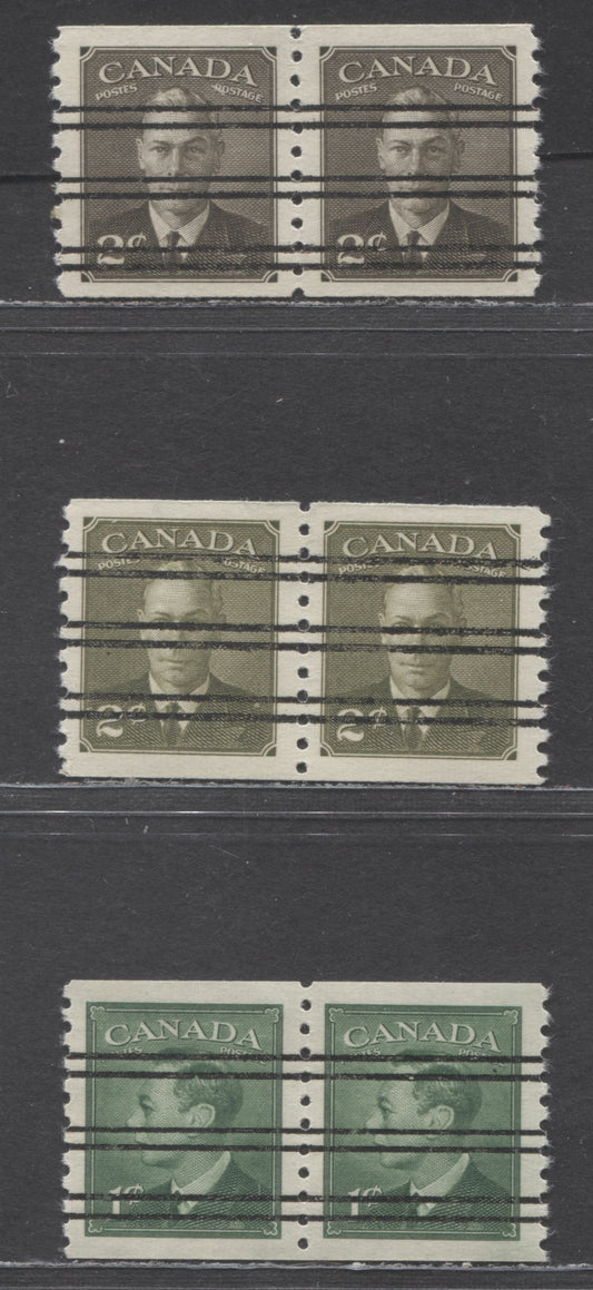 Lot 58 Canada #297xx-298xx, 309xx 1c-2c, 2c Green-Sepia, Green King George VI, 1950, 1951 Postes-Postage 1950&1951 Coil Stamps Issues, 3 VFNH Precancelled Coil Pairs On Different Paper and Gum Types