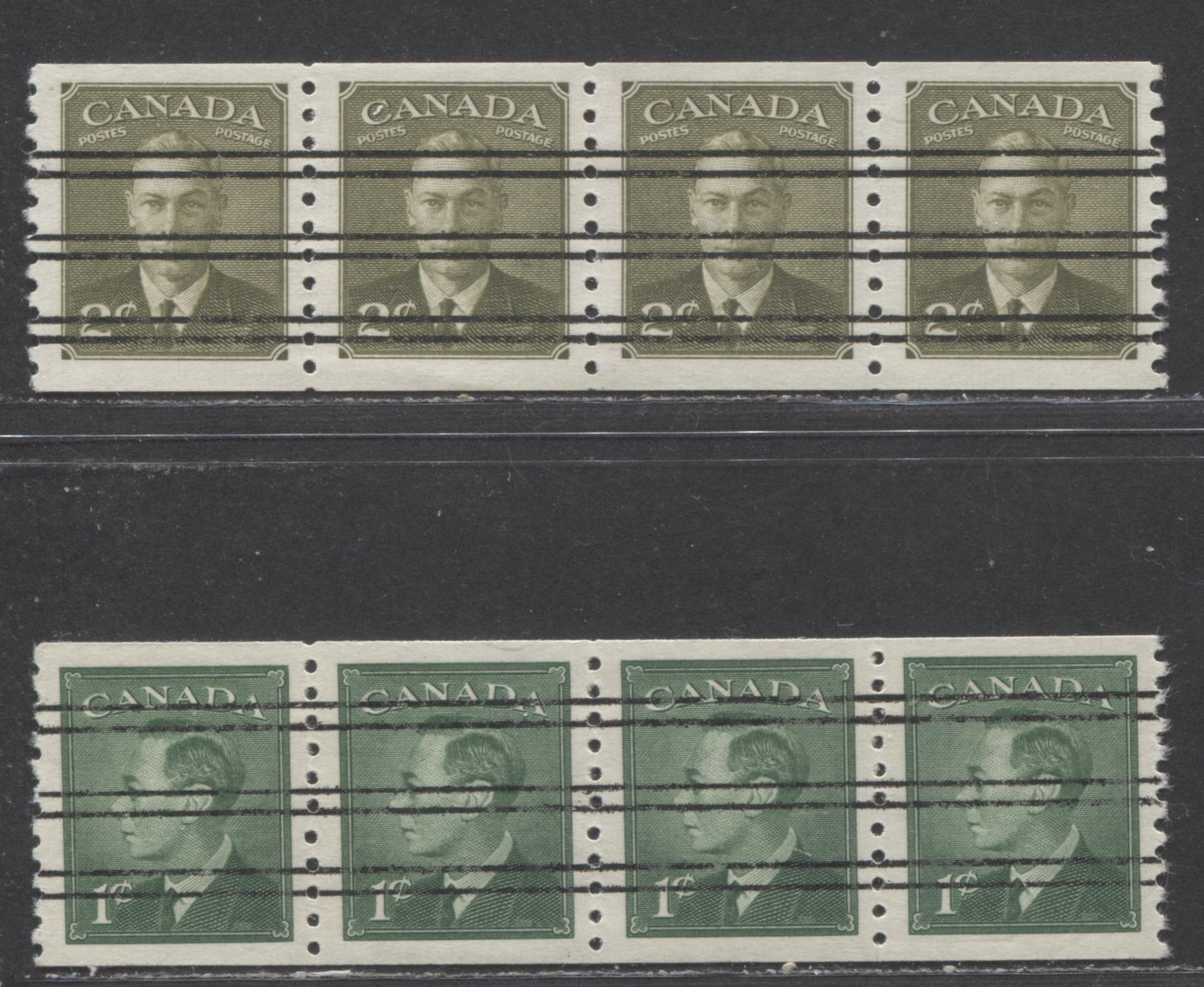 Lot 59 Canada #295xx,309xx 1c,2c Green, Olive Green King George VI, 1949 Postes-Postage Omitted & 1951 Postes-Postage Coil Stamps Issues, 2 VFNH Precancelled Strips Of 4 On Different Paper and Gum Types