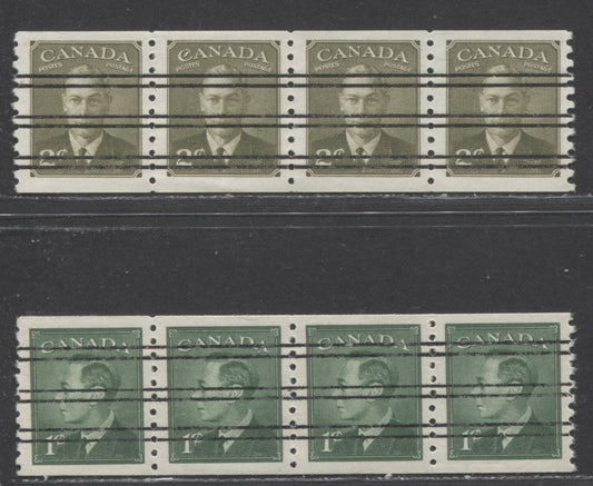 Lot 59 Canada #295xx,309xx 1c,2c Green, Olive Green King George VI, 1949 Postes-Postage Omitted & 1951 Postes-Postage Coil Stamps Issues, 2 VFNH Precancelled Strips Of 4 On Different Paper and Gum Types