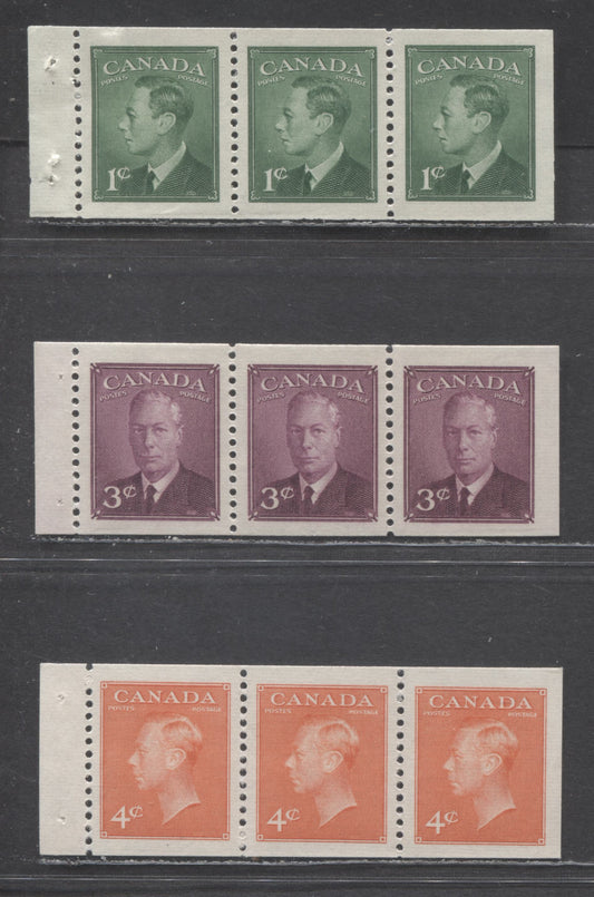 Lot 60 Canada #284a,286a,306a 1c,3c,4c Green, Rose Violet, Orange Vermilion King George VI, 1949 WIth Postes-Postage, 1951 New Colors WIth Postes-Postage Issues, 3 VFNH Booklet Pane Of 3 On Horizontal Ribbed Paper.