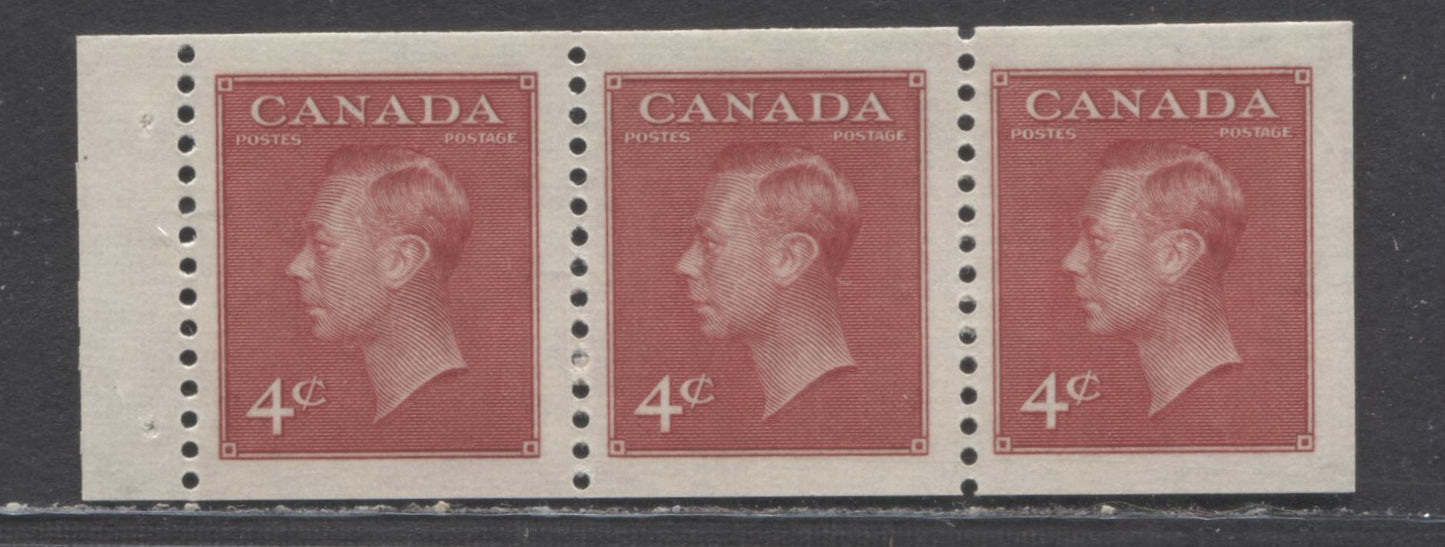 Lot 61 Canada #287a 4c Dark Carmine King George VI, 1949 WIth Postes-Postage Issue, A VFNH Booklet Pane Of 3 On Horizontal Ribbed Paper With Satin Cream Gum