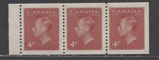 Lot 61 Canada #287a 4c Dark Carmine King George VI, 1949 WIth Postes-Postage Issue, A VFNH Booklet Pane Of 3 On Horizontal Ribbed Paper With Satin Cream Gum