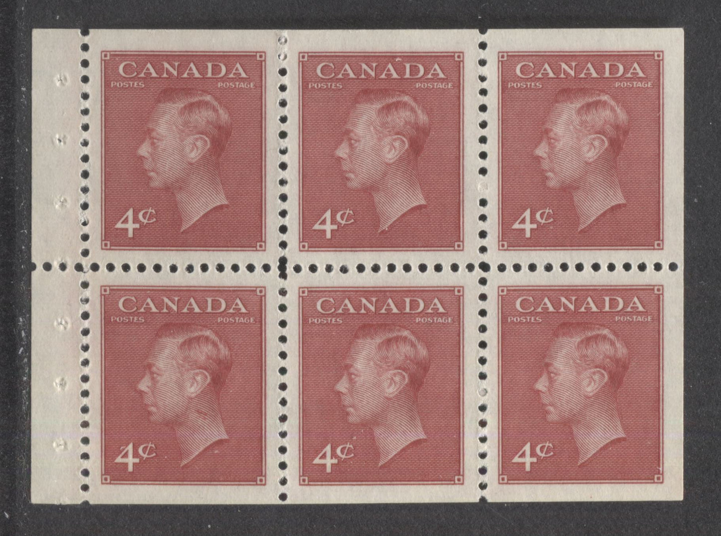 Lot 64 Canada #287bi 4c Dark Carmine King George VI, 1949 WIth Postes-Postage Issue, A VFNH Booklet Pane Of 6 On Horizontal Ribbed Paper With Glossy Cream Gum