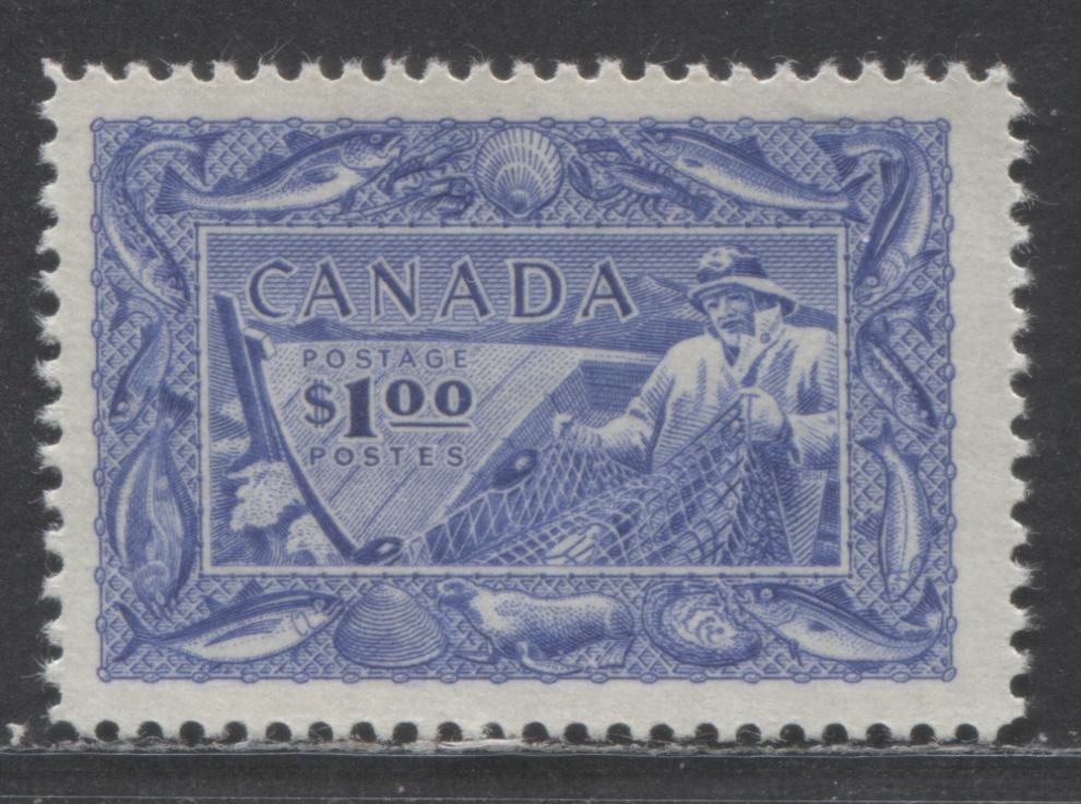 Lot 65 Canada #302 1 Bright Ultramarine Fisherman, 1951 Fishing Resources Issue, A VFOG Single On Horizontal Ribbe Paper With Satin Cream Gum