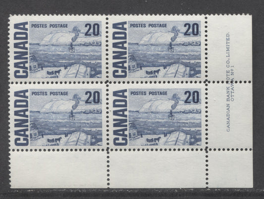 Lot 66 Canada #464 20c Deep Blue The Ferry, Quebec, 1967-1973 Centennial High Values, A VFNH LR Plate 1 Block Of 4 On Plain DF Paper With Smooth Dex Gum, Light Ivory Under UV
