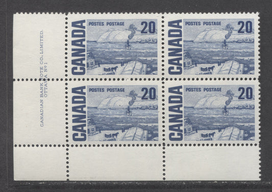 Lot 68 Canada #464 20c Deep Blue The Ferry, Quebec, 1967-1973 Centennial High Values, A VFNH LL Plate 1 Block Of 4 On White DF Paper With Smooth Dex Gum, Light Ivory Blue Under UV