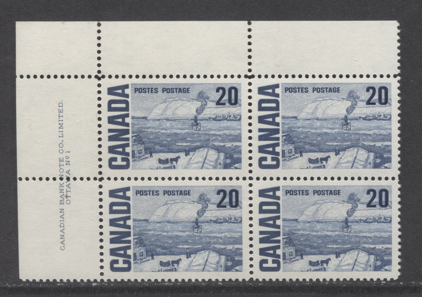 Lot 69 Canada #464 20c Deep Blue The Ferry, Quebec, 1967-1973 Centennial High Values, A VFNH UL Plate 1 Block Of 4 On Plain DF Paper With Smooth Dex Gum, Bluish Under UV