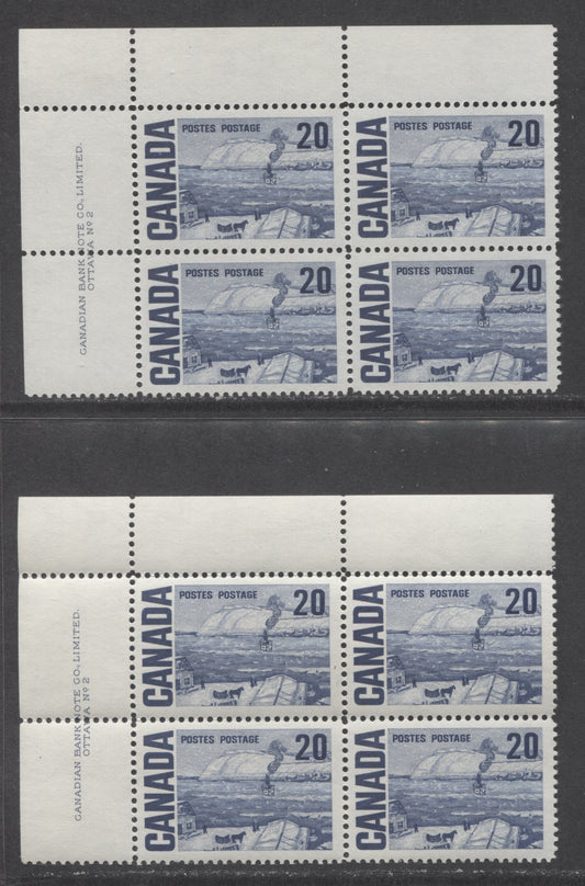 Lot 81 Canada #464 20c Indigo The Ferry, Quebec, 1967-1973 Centennial High Values, 2 VFNH UL Plate 2 Blocks Of 4 On Off White DF-fl Papers With Smooth Dex Gum, Darker Blue & Bluish Ivory Under UV