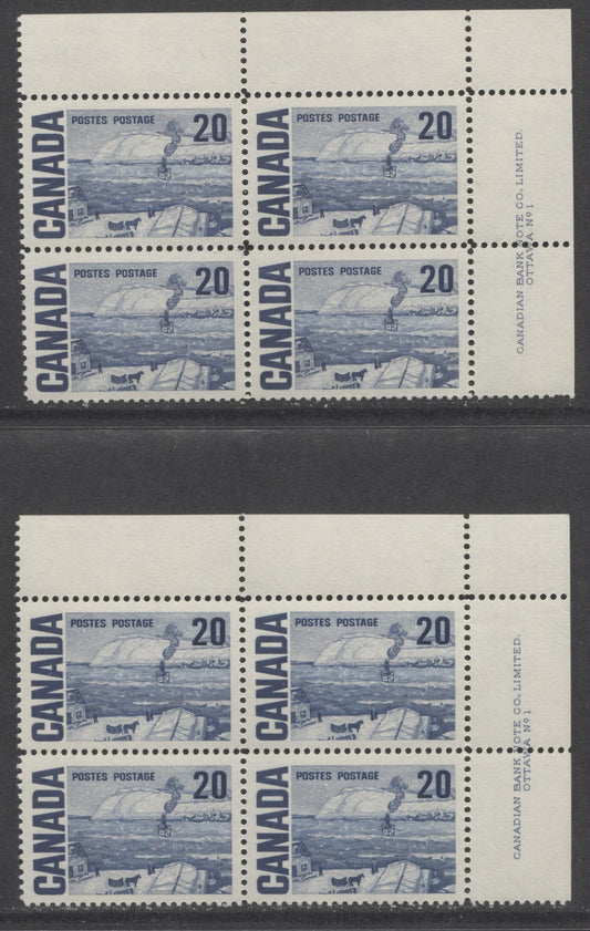 Lot 86 Canada #464 20c Deep Blue The Ferry, Quebec, 1967-1973 Centennial High Values, 2 VFNH UR Plate 1 Blocks Of 4 On DF2-fl White & Off White Papers With Smooth & Streaky Dex Gums, Bluish Ivory Under UV