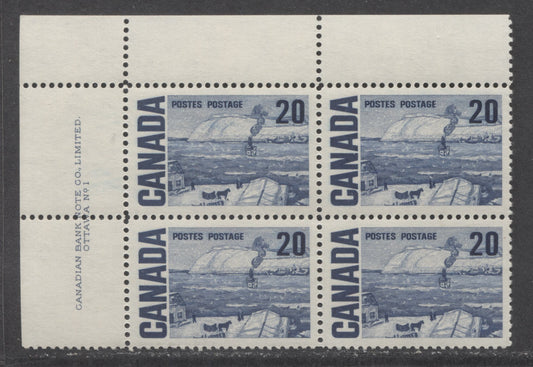 Lot 87 Canada #464 20c Indigo The Ferry, Quebec, 1967-1973 Centennial High Values, A VFNH UL Plate 1 Block Of 4 On DF Paper With Smooth Dex Gum, Bluish Ivory Under UV