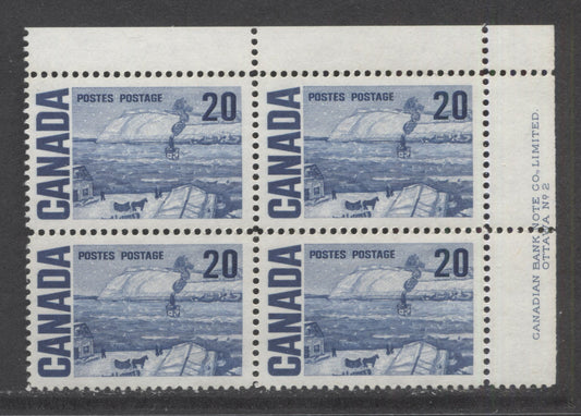 Lot 90 Canada #464iii 20c Indigo The Ferry, Quebec, 1967-1973 Centennial High Values, A VFNH UR Plate 2 Block Of 4 On LF4-fl Paper With PVA Gum, Bluish Ivory Under UV