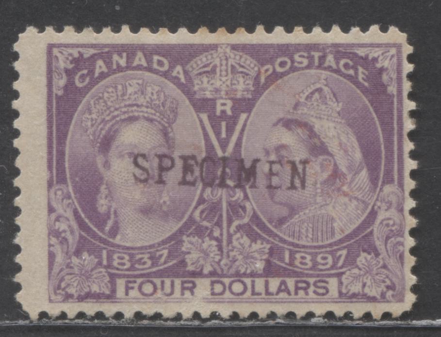 Lot 9 Canada #64 $4 Purple Young & Old Queen, 1897 Diamond Jubilee Issue, A Fine Unused Single With Specimen Overprint, Unused, Nice Color. Probably Fewer Than 400 Made.