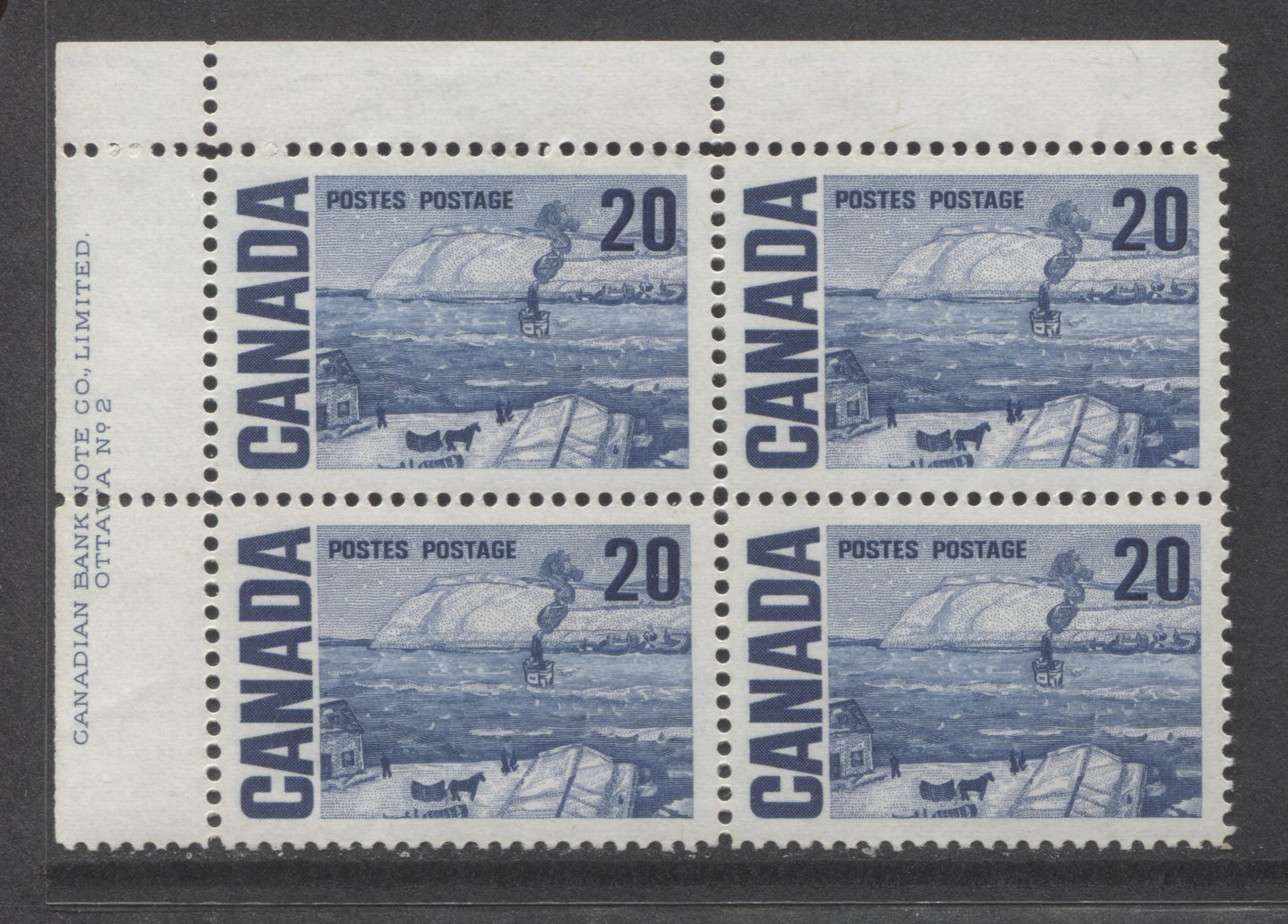 Lot 91 Canada #464iii 20c Deep Blue The Ferry, Quebec, 1967-1973 Centennial High Values, A VFNH UL Plate 2 Block Of 4 On LF4-fl Paper With PVA Gum, Bluish Under UV