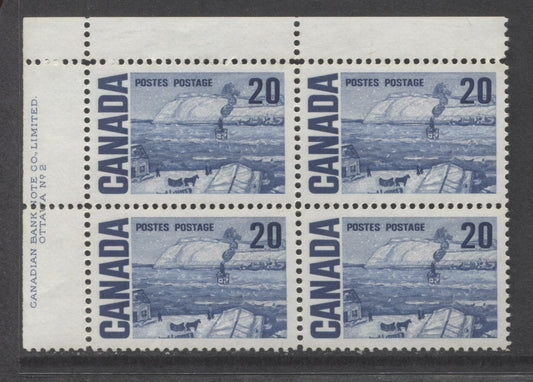 Lot 91 Canada #464iii 20c Deep Blue The Ferry, Quebec, 1967-1973 Centennial High Values, A VFNH UL Plate 2 Block Of 4 On LF4-fl Paper With PVA Gum, Bluish Under UV