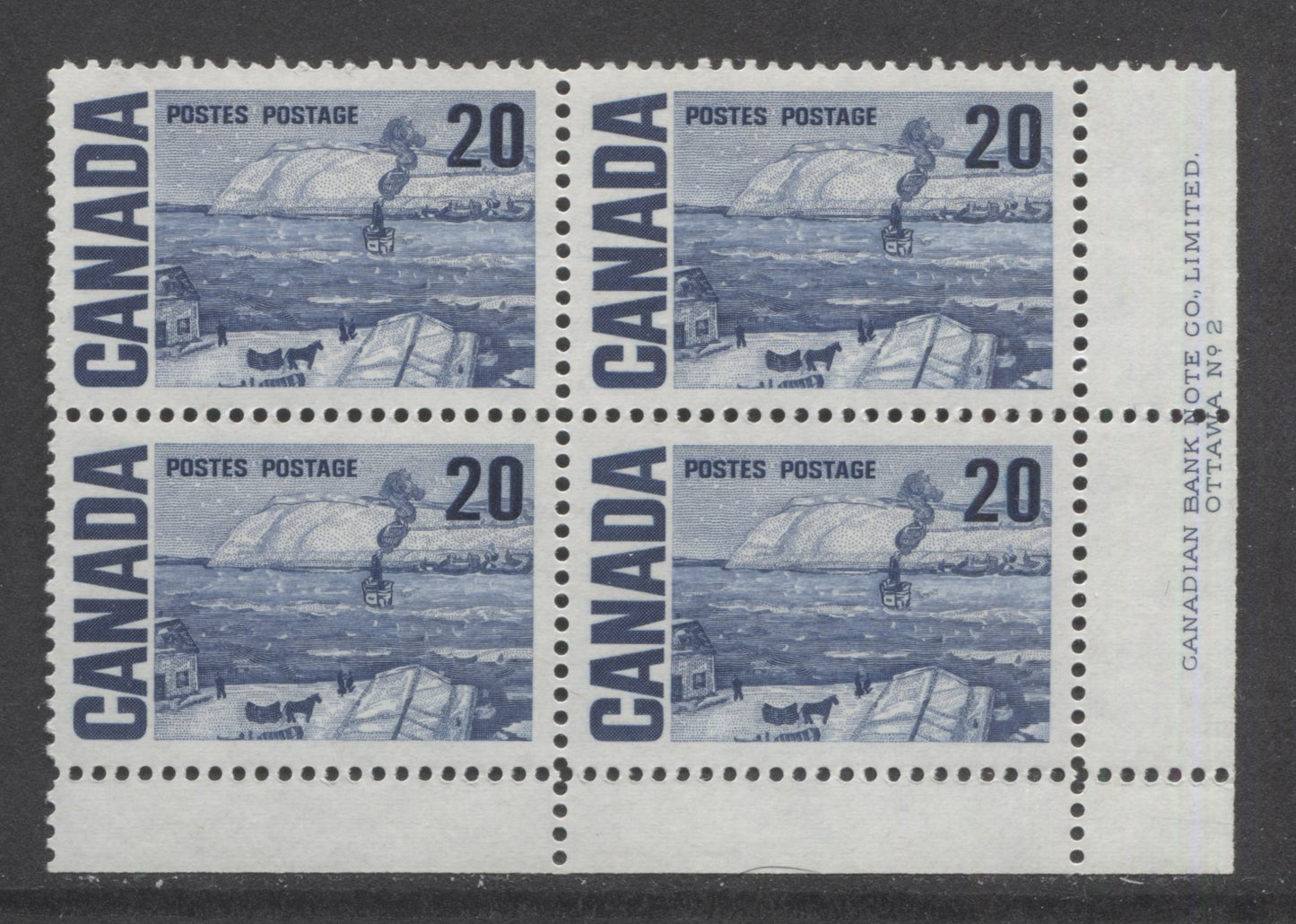 Lot 92 Canada #464iii 20c Deep Blue The Ferry, Quebec, 1967-1973 Centennial High Values, A VFNH LR Plate 2 Block Of 4 On MF5-fl Paper With PVA Gum, Bluish Violet Under UV