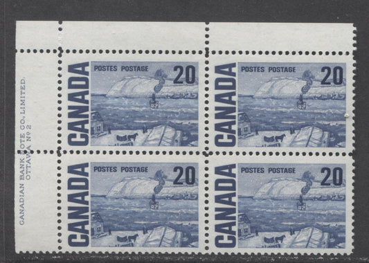 Lot 93 Canada #464iii 20c Deep Blue The Ferry, Quebec, 1967-1973 Centennial High Values, A VFNH UL Plate 2 Block Of 4 On LF4-fl Paper With PVA Gum, Darker Blue Under UV
