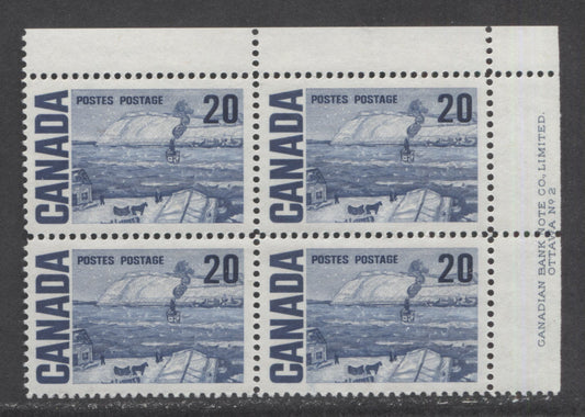 Lot 94 Canada #464iii 20c Indigo The Ferry, Quebec, 1967-1973 Centennial High Values, A VFNH UR Plate 2 Block Of 4 On LF4-fl Paper With PVA Gum, Darker Blue Under UV