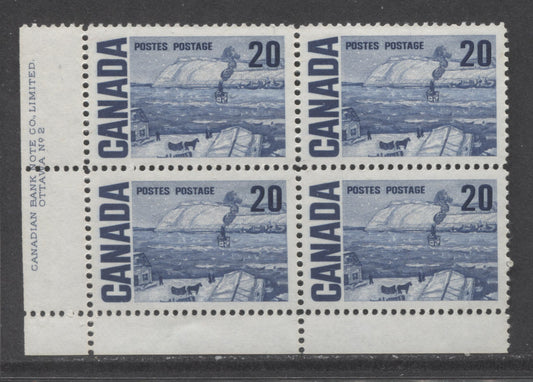 Lot 95 Canada #464iii 20c Deep Blue The Ferry, Quebec, 1967-1973 Centennial High Values, A VFNH LL Plate 2 Block Of 4 On LF4-fl Paper With PVA Gum, Bluish Under UV