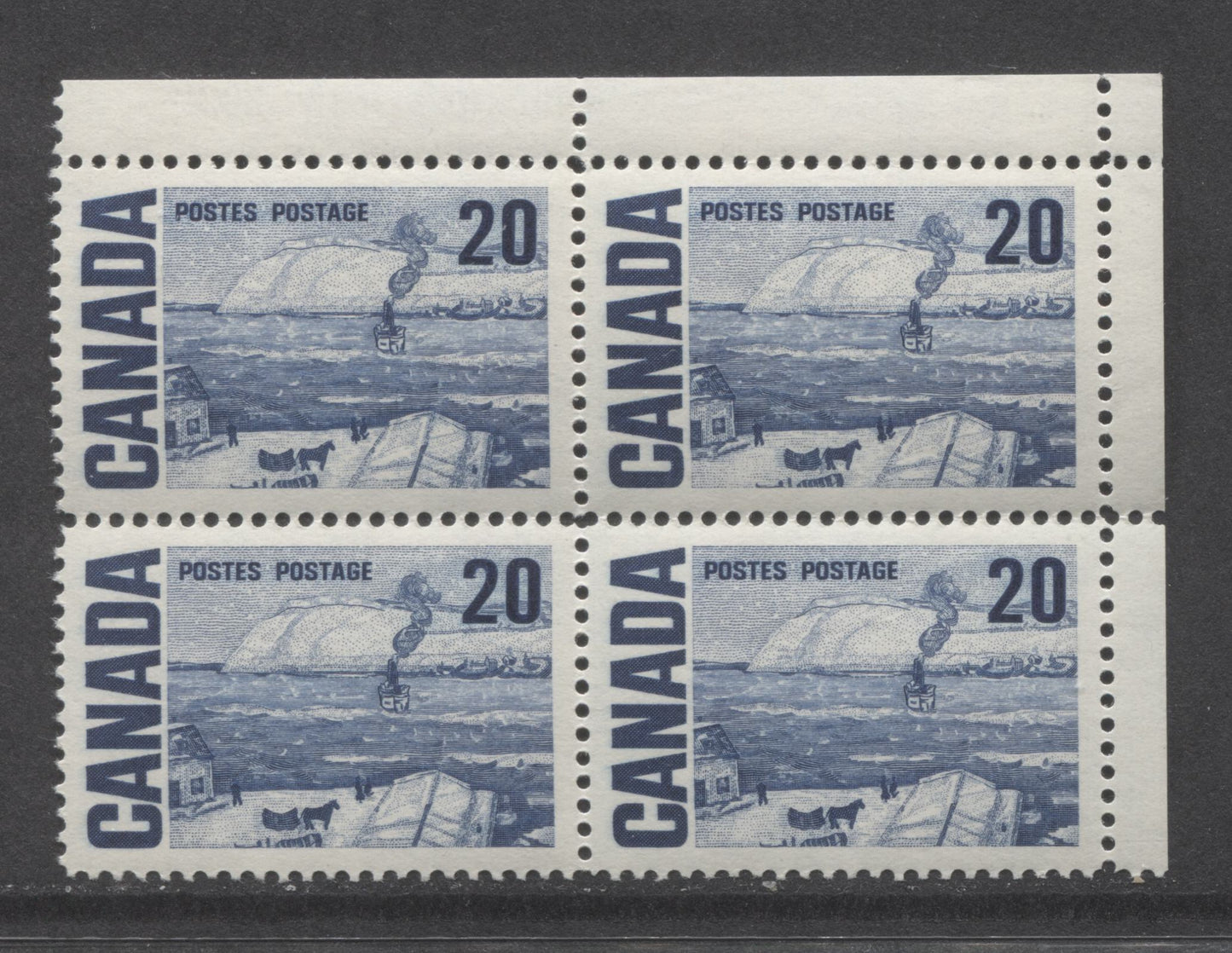 Lot 97 Canada #464 20c Deep Blue The Ferry, Quebec, 1967-1973 Centennial High Values, A VFNH UR Blank Corner Block Of 4 On DF2-fl Paper With Streaky Dex Gum, Lighter Bluish Ivory Under UV