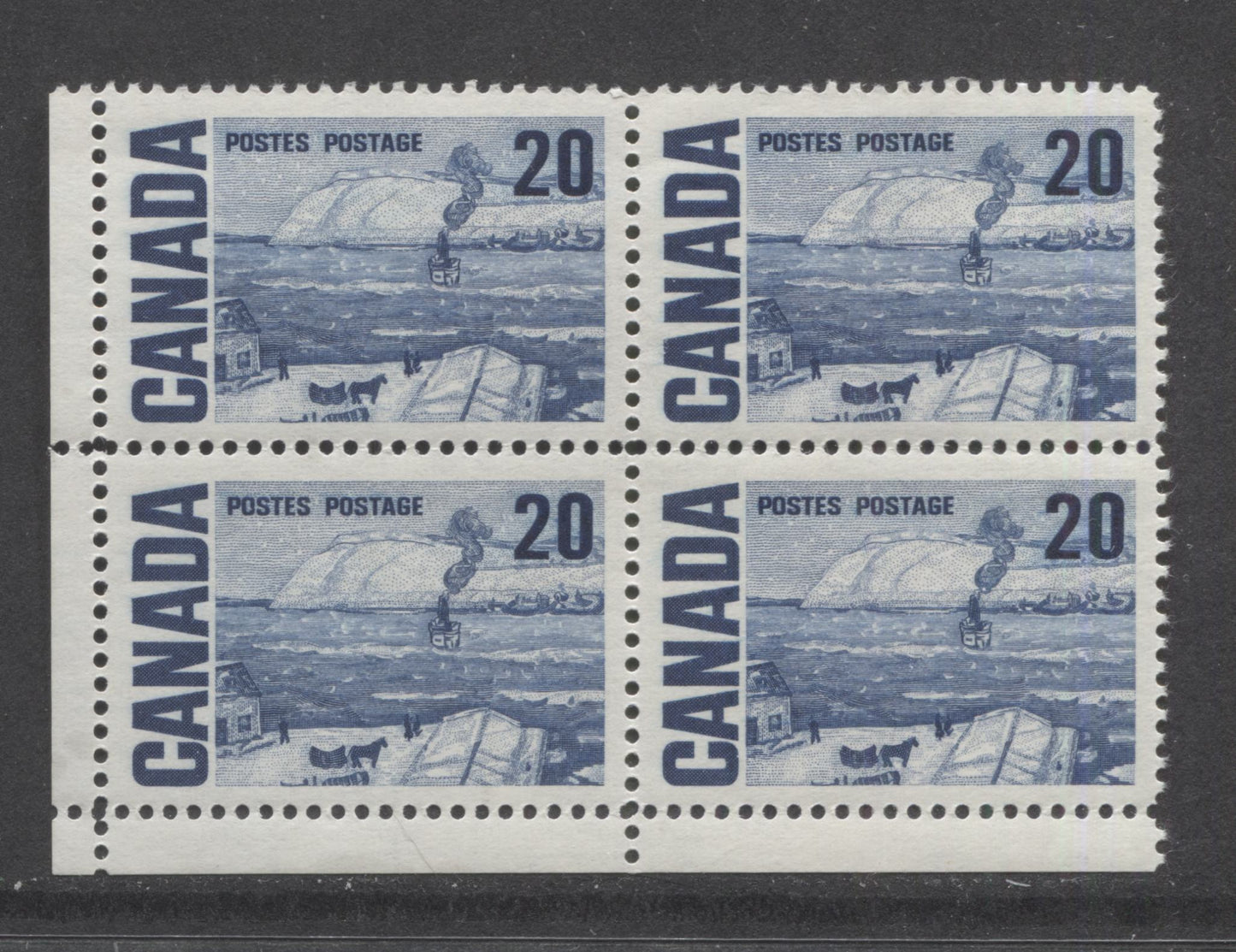 Lot 98 Canada #464 20c Deep Blue The Ferry, Quebec, 1967-1973 Centennial High Values, A VFNH LL Blank Corner Block Of 4 On DF2-fl Paper With Smooth Dex Gum, Lighter Bluish Ivory Under UV