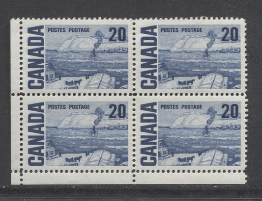 Lot 98 Canada #464 20c Deep Blue The Ferry, Quebec, 1967-1973 Centennial High Values, A VFNH LL Blank Corner Block Of 4 On DF2-fl Paper With Smooth Dex Gum, Lighter Bluish Ivory Under UV