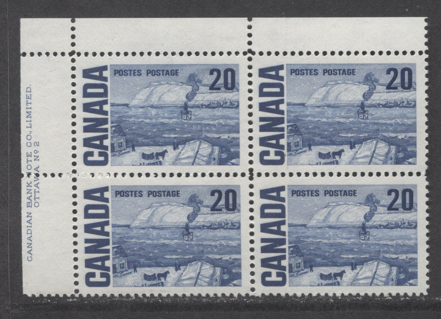 Lot 99 Canada #464iii 20c Deep Blue The Ferry, Quebec, 1967-1973 Centennial High Values, A VFNH UL Plate 2 Block Of 4 On MF5-fl Paper With PVA Gum, Bluish Ivory Under UV