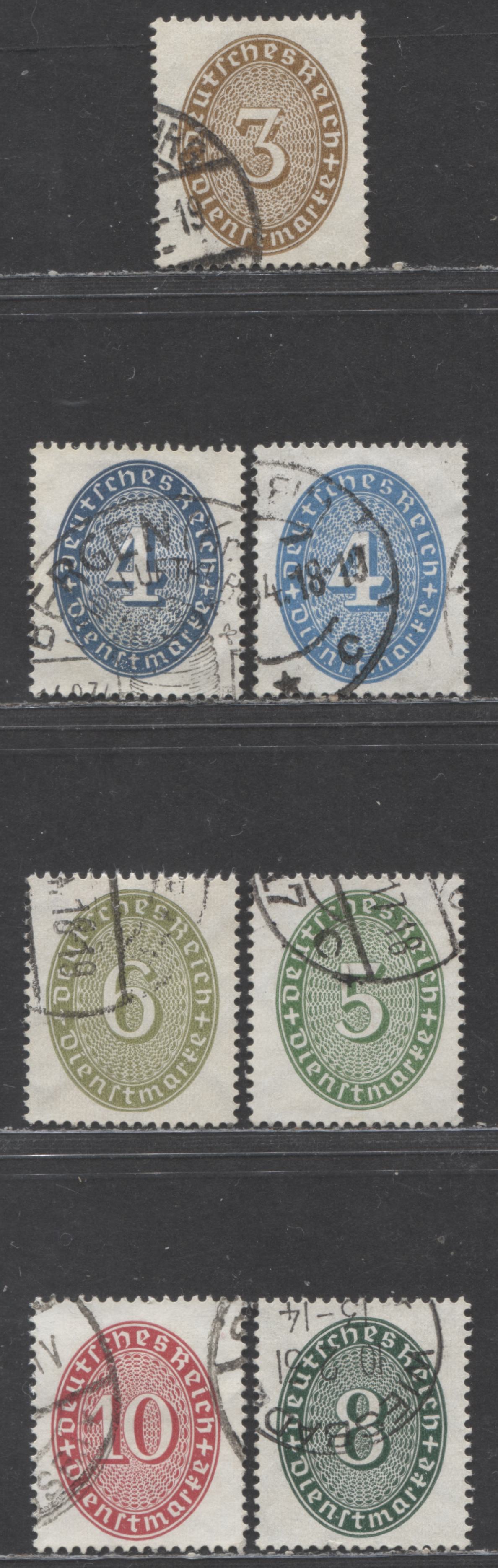 Germany MI#114x (SC# O62)/130x (SC# O68) 1927-1933 Official Issue, All With Upright Wmk, 7 Very Fine Used Singles, Click on Listing to See ALL Pictures, Estimated Value €20