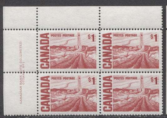 Lot 44 Canada #465B $1 Scarlet Edmonton Oil Field, 1967-1973 Centennial High Values, A VFNH UL Plate 1 Block Of 4 On DF2 Paper With Smooth Dex Gum, Bluish Gray Under UV