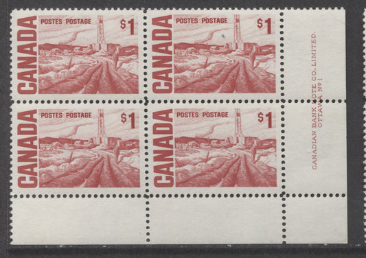 Lot 48 Canada #465Bv $1 Scarlet Edmonton Oil Field, 1967-1973 Centennial High Values, A VFNH LR Plate 1 Block Of 4 On LF4-fl Paper With Smooth Dex Gum, Lighter Bluish Ivory/Violet Under UV