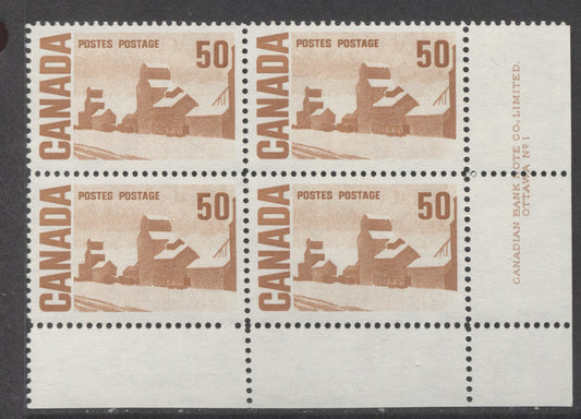 Lot 5 Canada #465A 50c Orange Brown Summer's Stores, 1967-1973 Centennial High Values, A VFNH LR Plate 1 Block Of 4 On DF2 Paper With Smooth Dex Gum, Bluish Gray Under UV