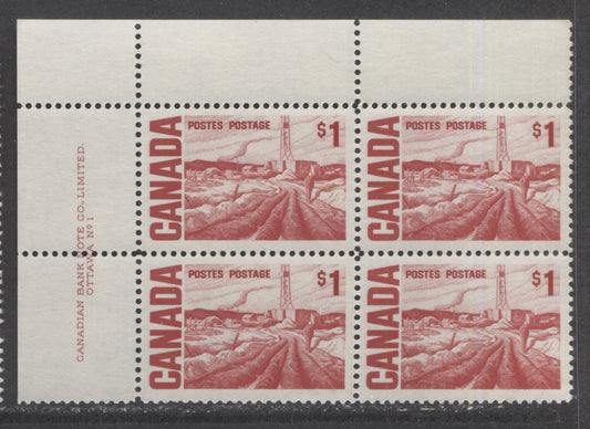 Lot 51 Canada #465Bv $1 Scarlet Edmonton Oil Field, 1967-1973 Centennial High Values, A VFNH UL Plate 1 Block Of 4 On LF4-fl Paper With Streaky Dex Gum, Bluish Ivory Under UV