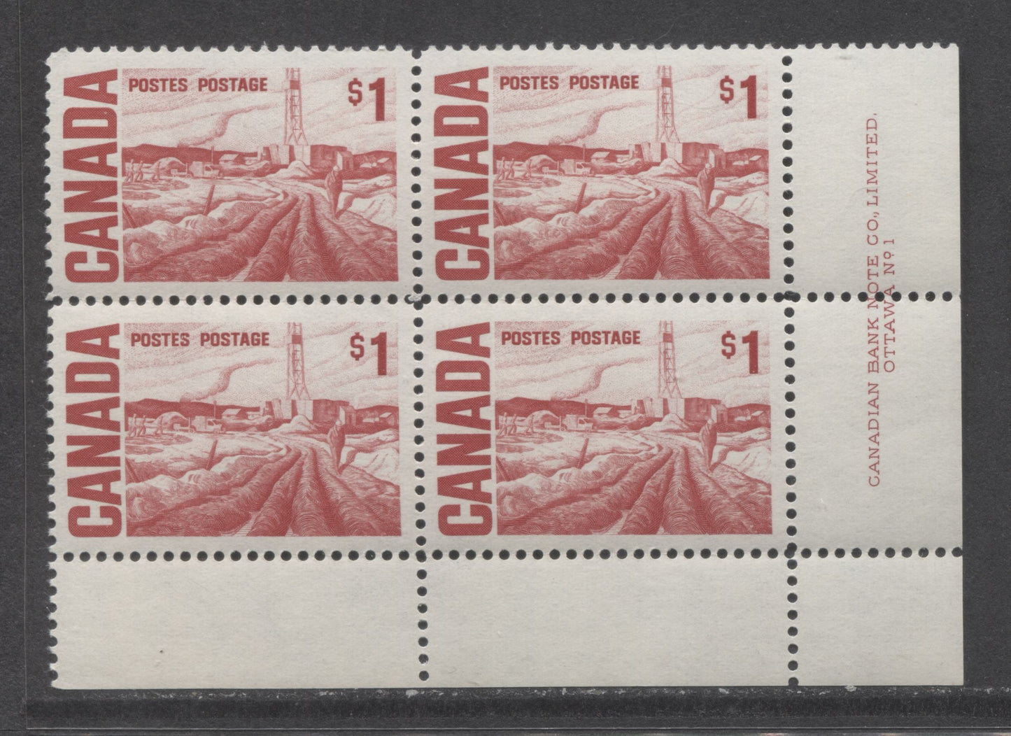 Lot 52 Canada #465Bv $1 Scarlet Vermillion Edmonton Oil Field, 1967-1973 Centennial High Values, A VFNH LR Plate 1 Block Of 4 On LF4 Paper With Smooth Dex Gum, Light Bluish Gray Under UV