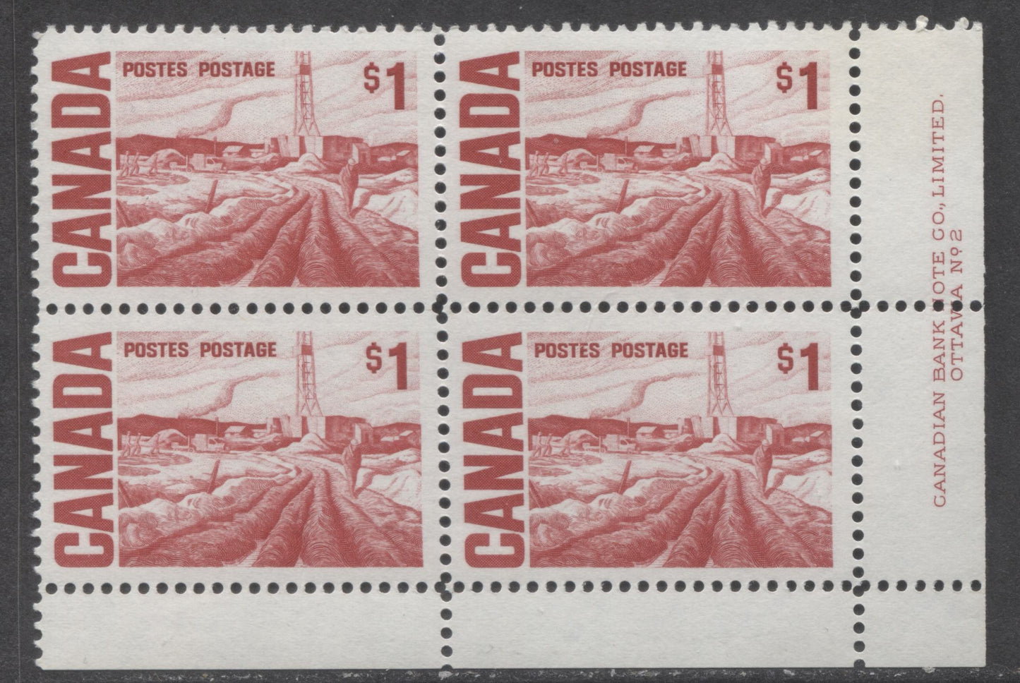 Lot 58 Canada #465Biii $1 Scarlet Edmonton Oil Field, 1967-1973 Centennial High Values, A VFNH LR Plate 2 Block Of 4 On DF3-fl Paper With PVA Gum, Bluish Under UV